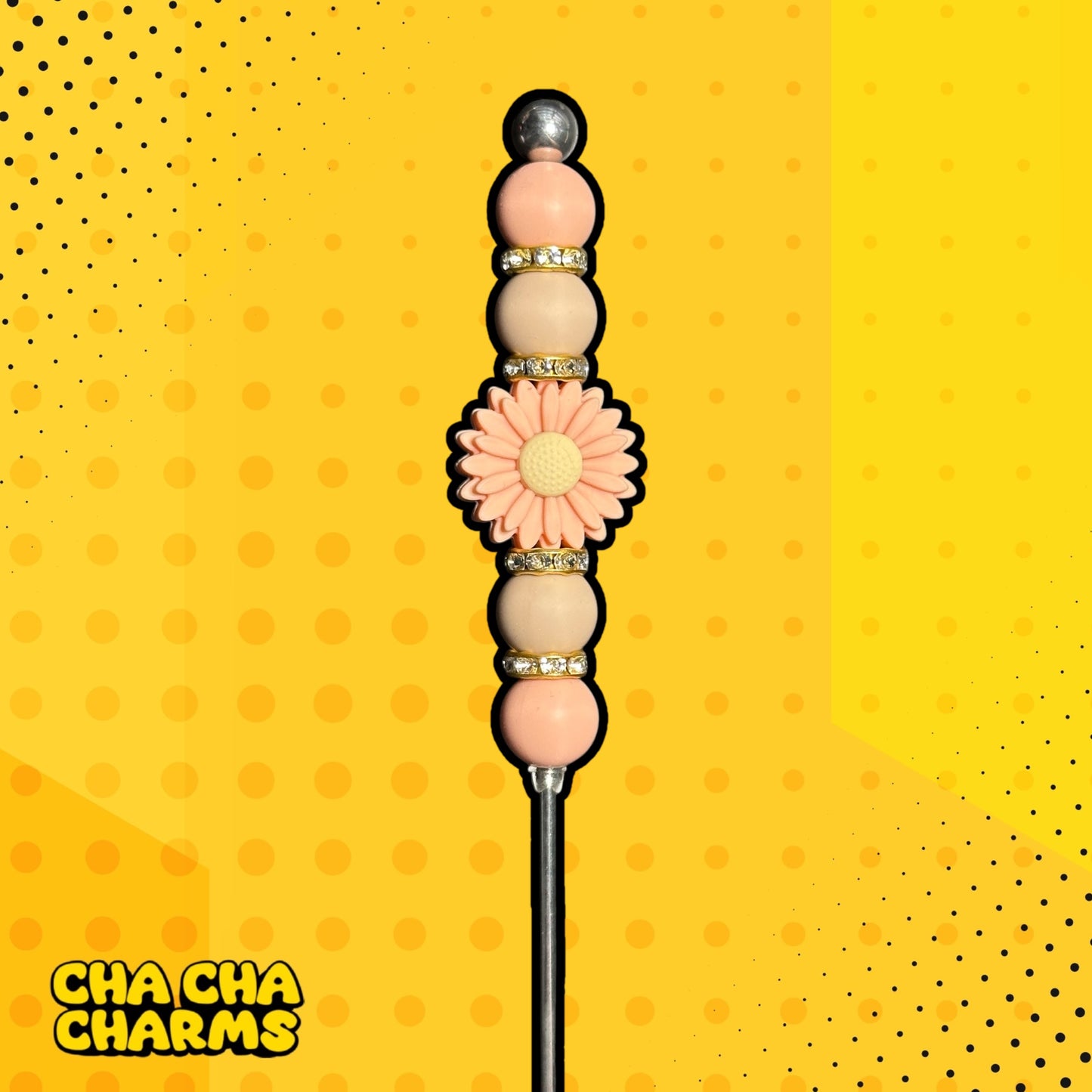 Glitter Poker Tool - 20cm Hand Beaded - Daisy Flower Peach