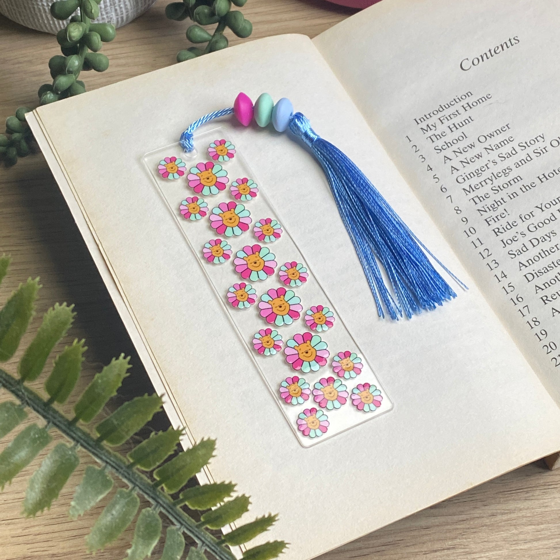 Bookmark - Acrylic Bookmarks with Beaded Tassels Pooh Bear Flower