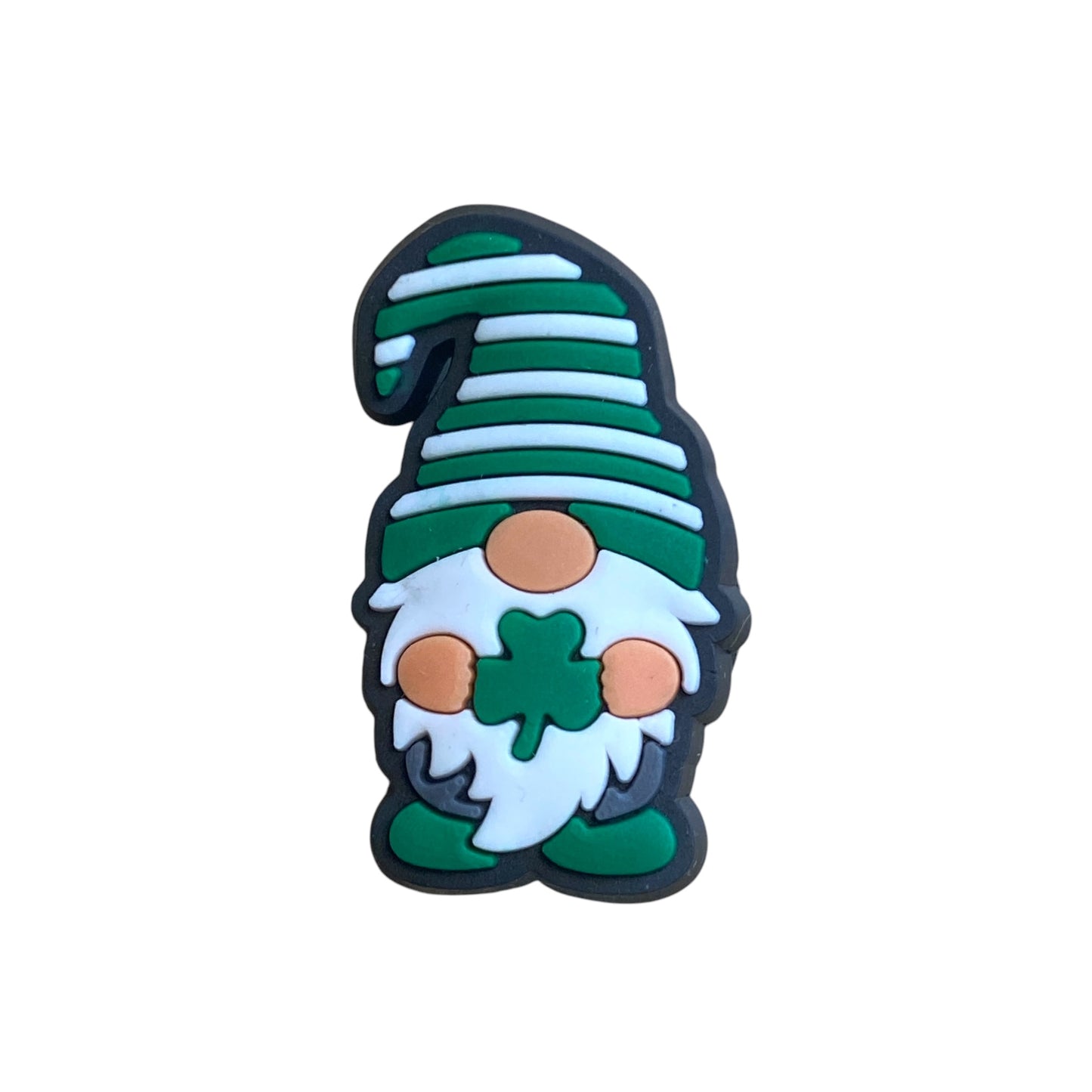 Saint Patricks Day - Gnome in Striped Green Hat holding a Clover Shoe Charm