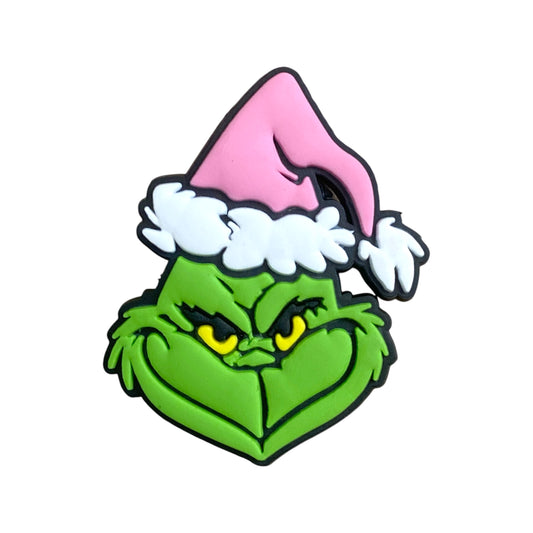 Christmas - Grinch Wearing Pink Christmas Hat Leaning Right Shoe Charm